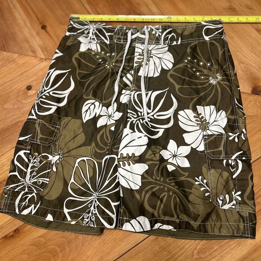 Merona Olive and White Floral Swim Board Shorts